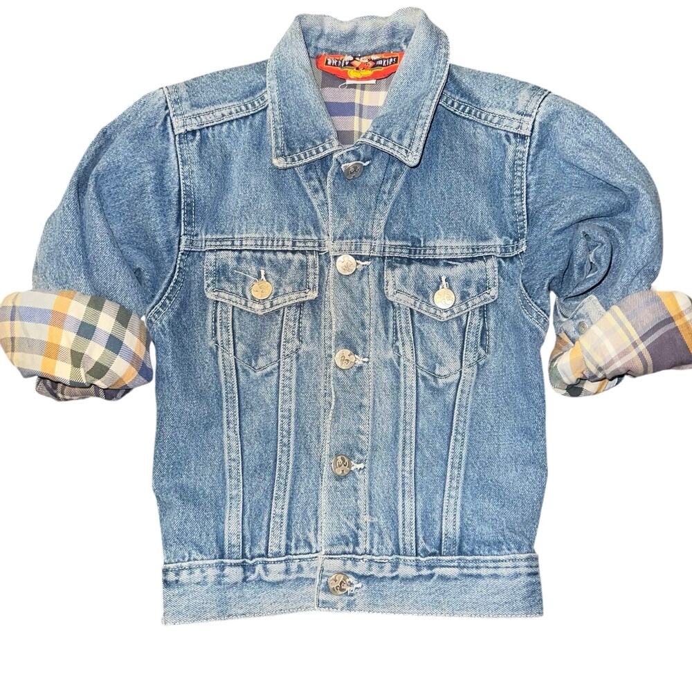 Vintage Disney Mickey For Kids Denim plaid lined embroidered trucker jacket sz 4